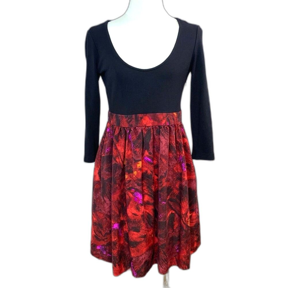 Ali Ro Fit & Flare Dress Black Bodice Red Abstract Silk Skirt Size 8